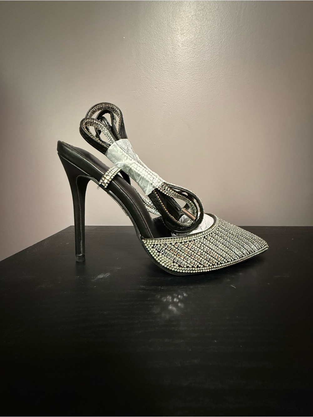 Strappy Rhinestone Pointed-Toe Stiletto Heels - Silver